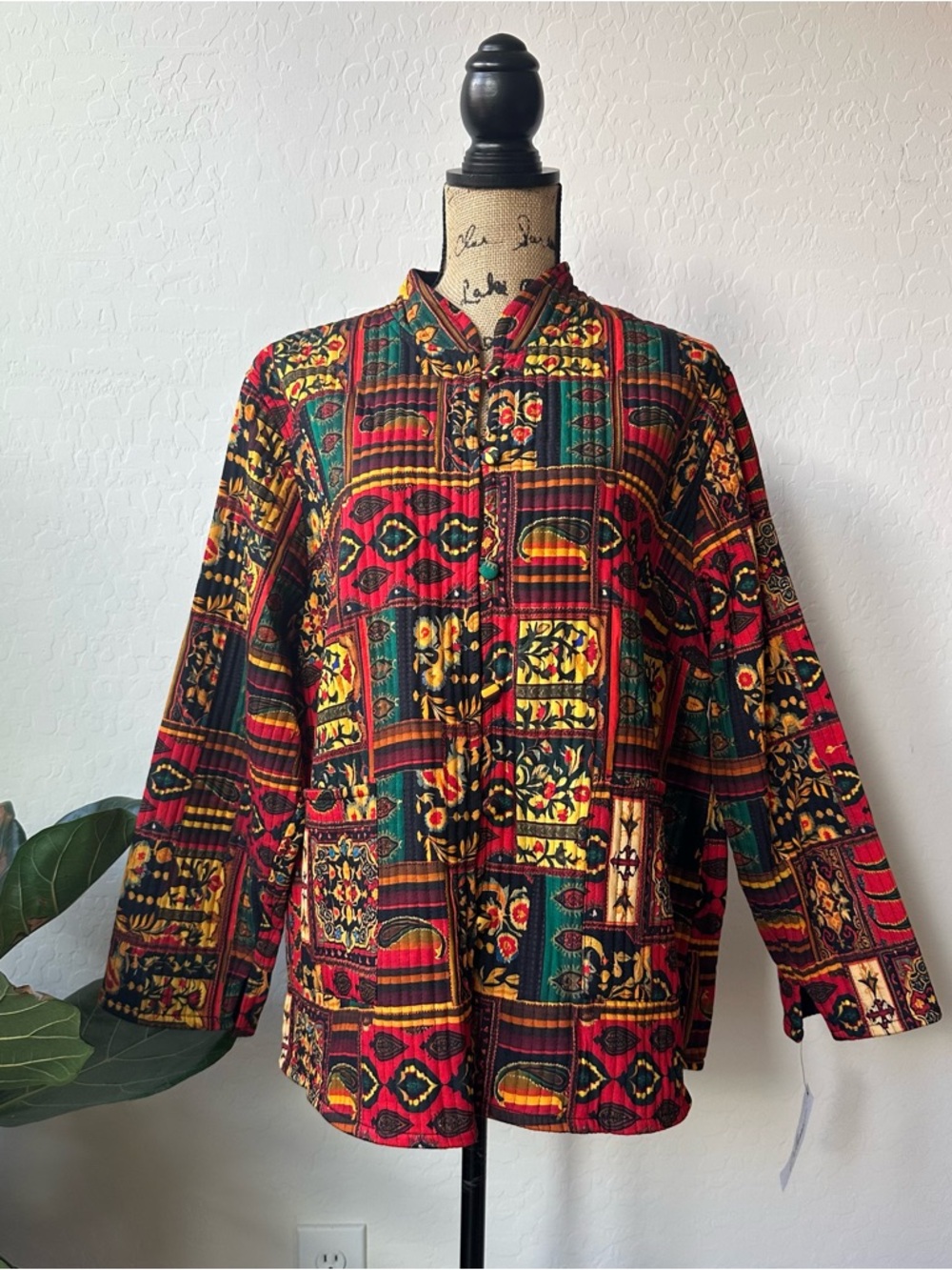Calessa Festive Patchwork Button-Front Reversible Shirt Jacket Size 1X